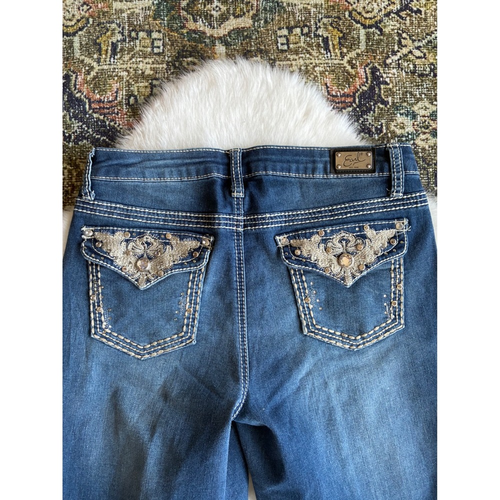 Earl Jean Women's Blue Denim Embellished Pocket Straight capri Leg Jeans Size 8 - Picture 5 of 8